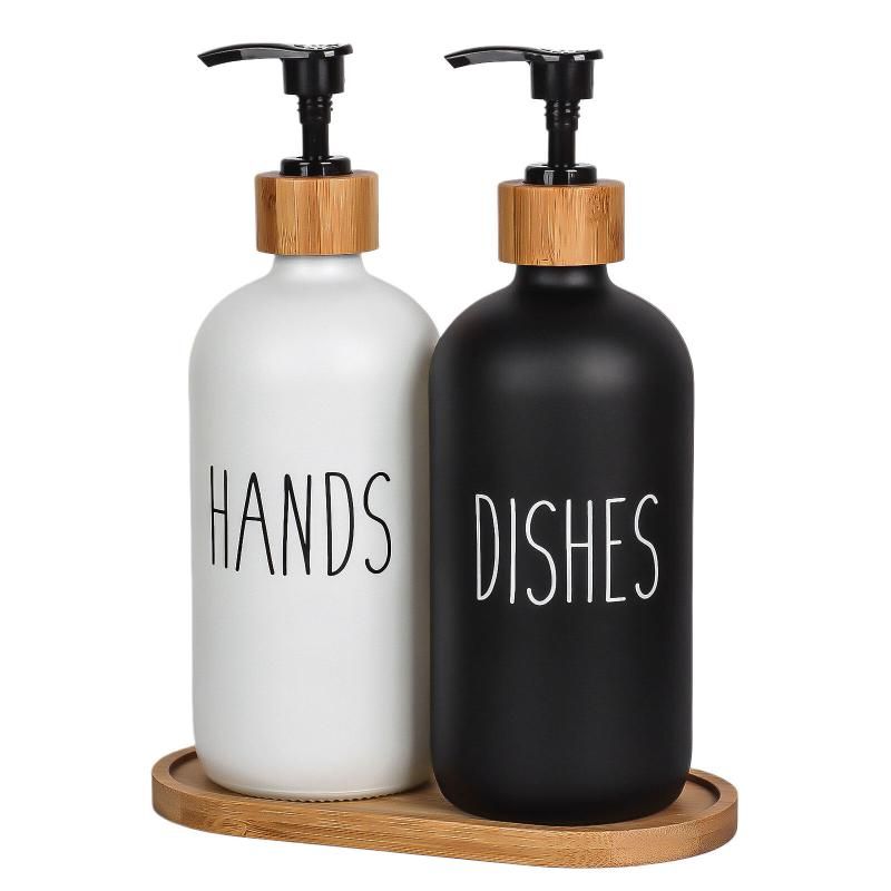 Glass Soap Dispenser Set: 500ml With Wood Tray For Home Bath