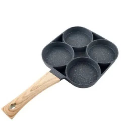 Non Stick 4 Hole Frying Pan - Black With Wooden Handle