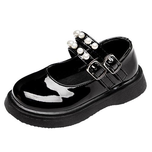 Girls Pearl Mary Jane Buckle Shoes Kids Flat Princess Shoes (Black)