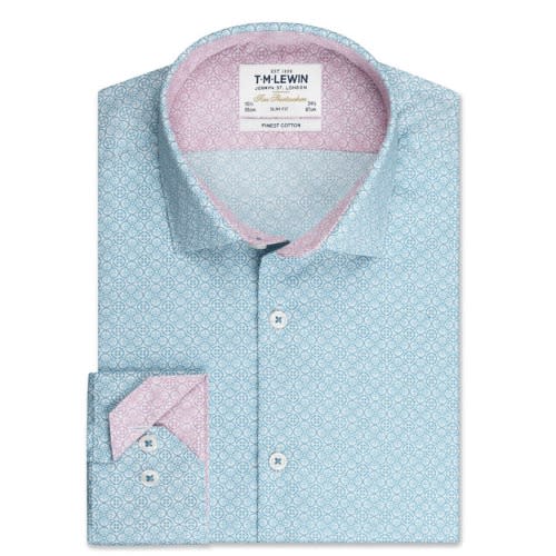 Slim Fit Light Blue Mosaic Print With Contrast Trim Button Cuff Shirt