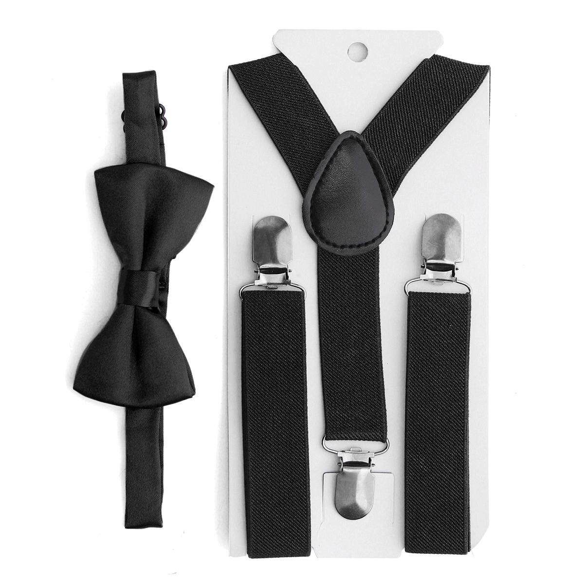 Children Kids Clip-on Suspenders Elastic Adjustable Y-Back Braces With Bow Tie Black