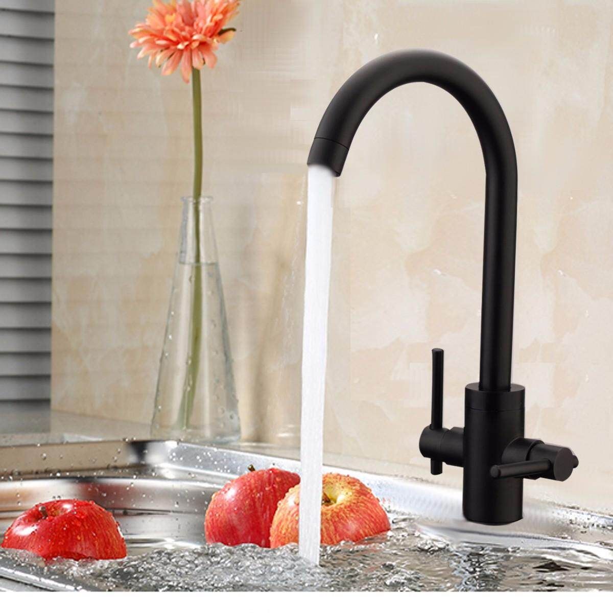 Double Handles Hot/Cold Mixer Water Tap Basin Kitchen Sink Bathroom Black Faucet