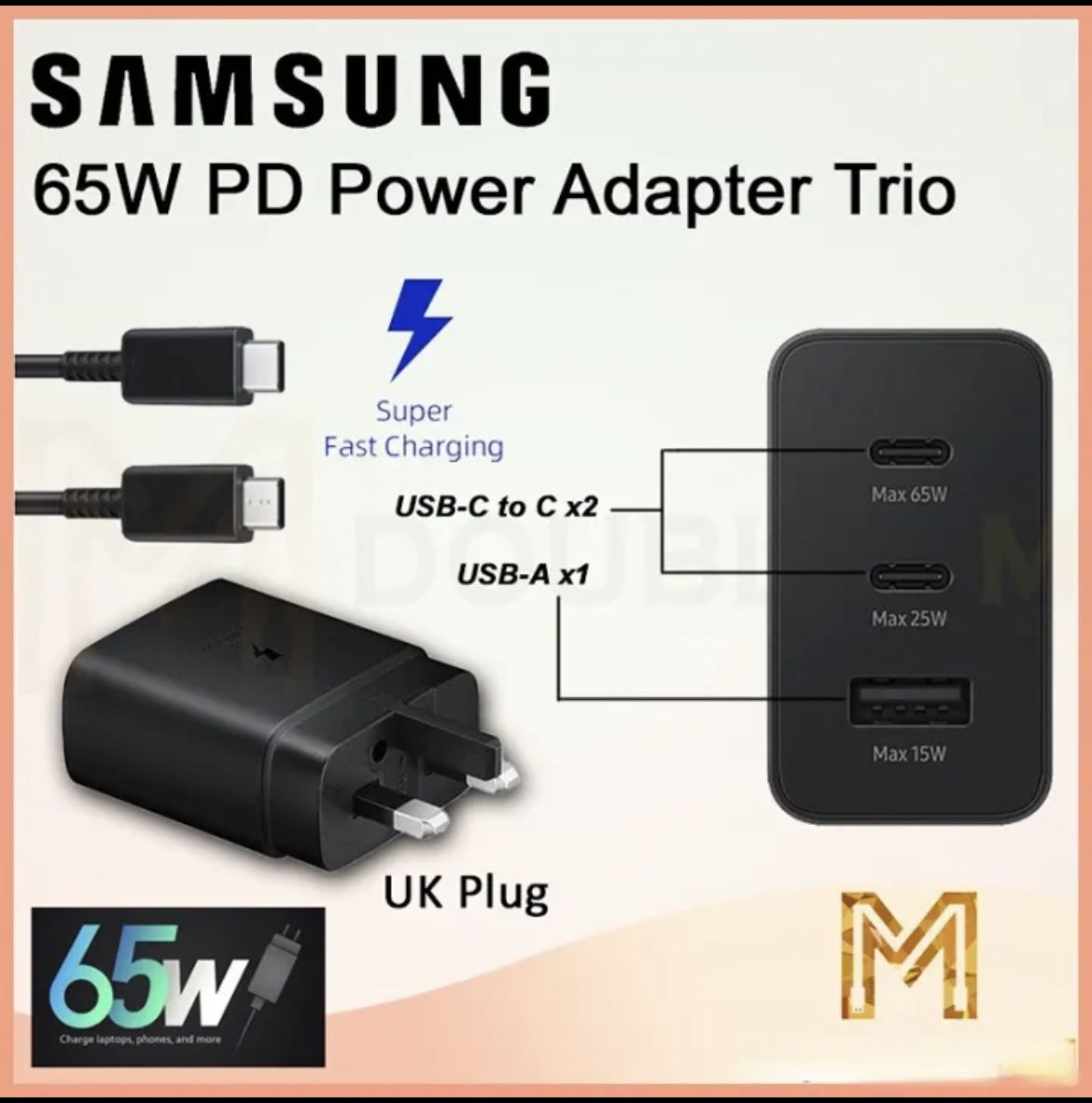 Original PD 65W TRIO POWER ADAPTER With Type-C To C Cable Fast Charge 3 USB-C Ports Samsung 65W Charger S23 S22 S21