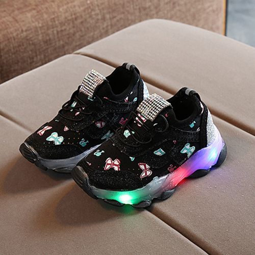 Rhinestone Sequins Children's Sports Shoes Boys Breathable LED Black Shoes