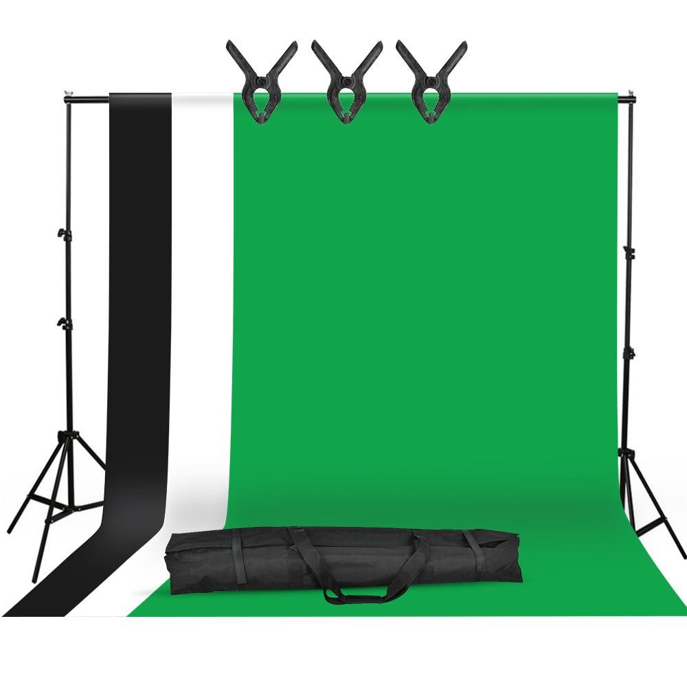 Studio Photography Backdrop Kit with 2 * 3m/6.6 * 10ft Metal Stand Bracket + 3pcs 1.6 * 3m/5.2 * 10ft Backdrops Backdround(Black/White/Green) + 3pcs Backdrop Clamps +   Carry Bag