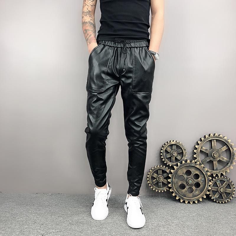Idopy Arrival A New Autumn Winter Korean Men Hip Hop Harem Pants with Elastic Adjustable Lace On Long PU Leather Waist