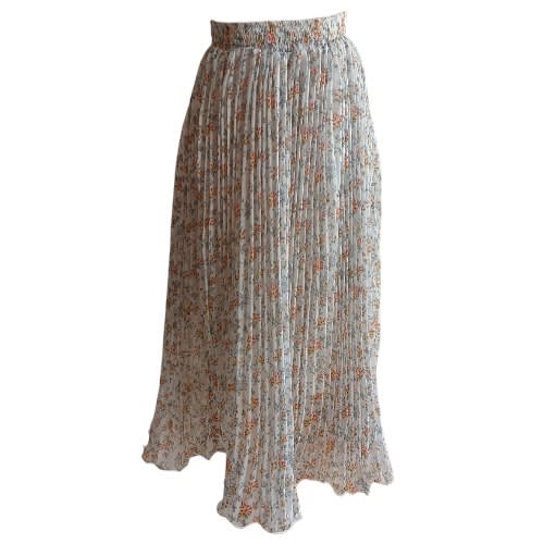 Pleat Floral Maxi Skirt-Beige