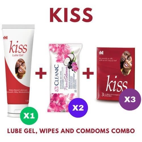 12g Kiss Lube Gel + Cleanic Wipes - 2pks & Kiss Strawberry Condom - 3pks