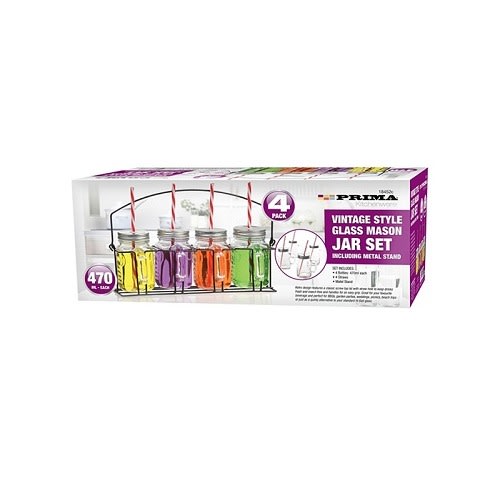 Vintage Style Glass Mason 4 Jar Set Including Metal Stand