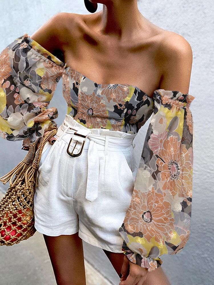 Women Off Shoulder Plants Print Lantern Sleeve Back Zipper Holiday Casual Stylish Blouse