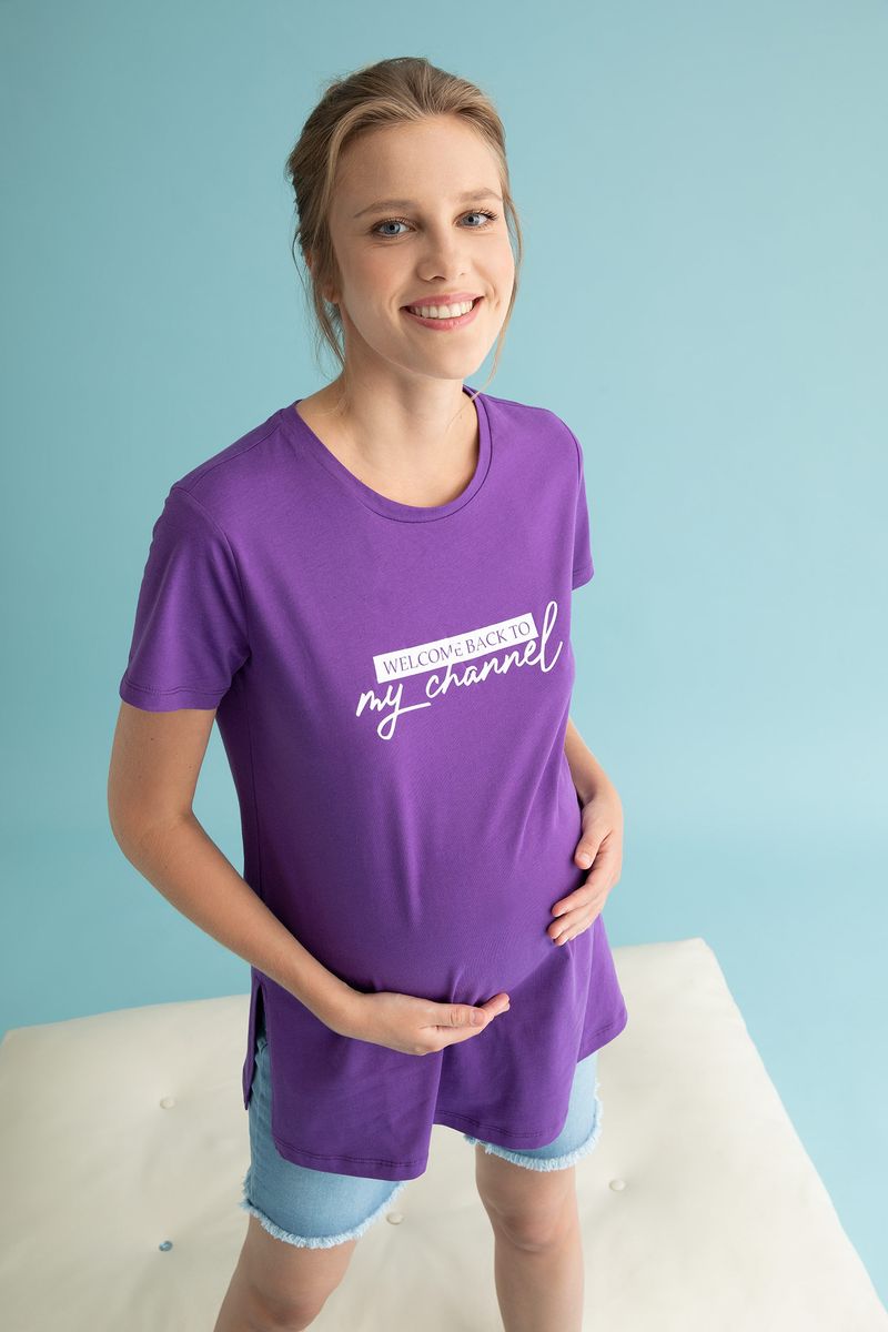 Woman - Regular Fit Maternity Wear Knitted Tops Short Sleeve - Purple