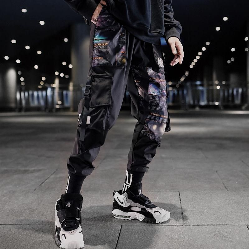 Pants Care with Hip Hop Ribbons for Mens Street Clothing Elastic Waist Trucks Tracksuit Pants with Ribbons
