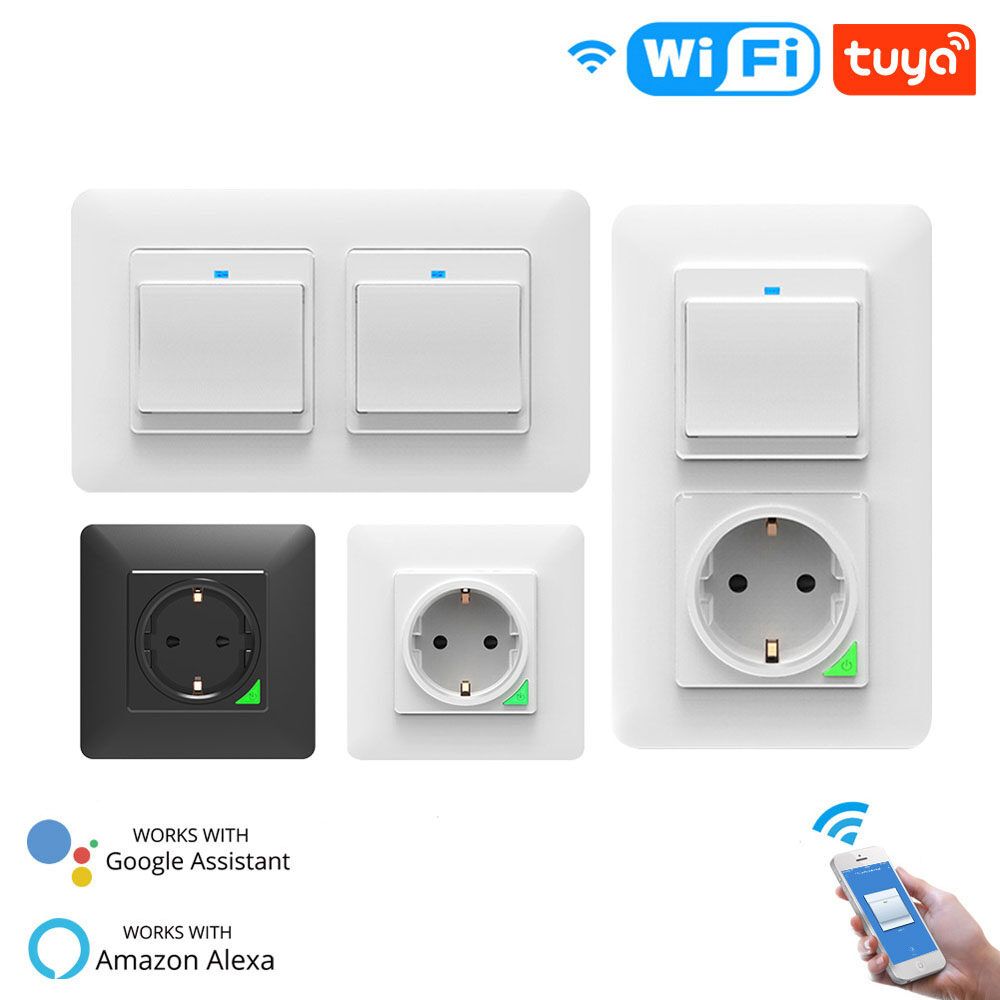 MoesHouse WiFi Smart Light Wall Switch Socket Outlet Push Button DE EU Smart Life Tuya Wireless Remote Control Work With Alexa Google Home Three-position Panel Black