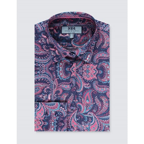 Women's Navy & Pink Paisley Fitted Shirt - Single Cuff