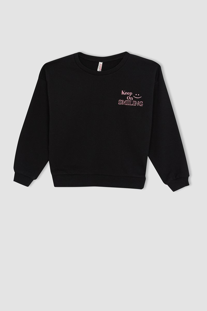 Girl Knitted Regular Fit Crew Neck Sweat Shirt - Black
