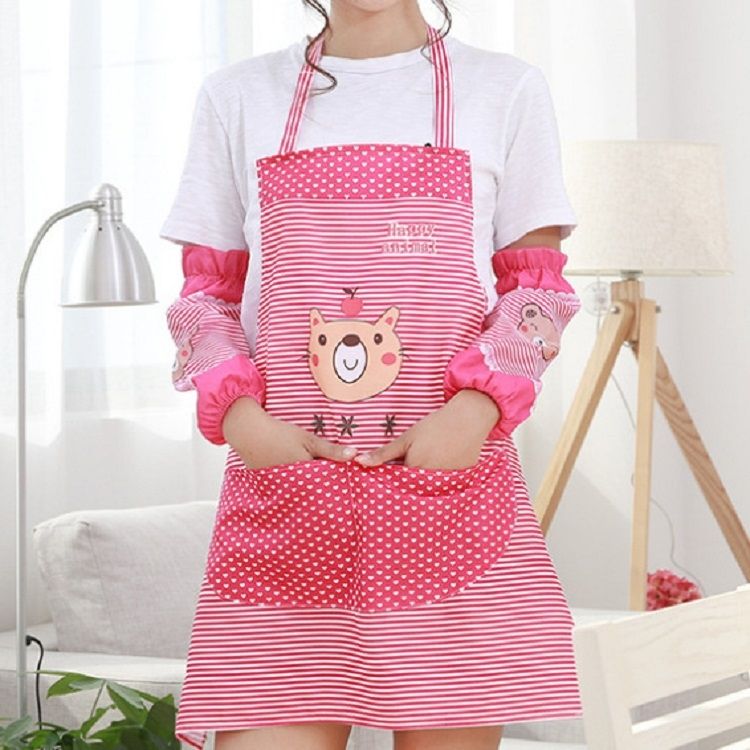 Kitchen Oilproof Cartoon Bear Apron With Sleeve(Pink)