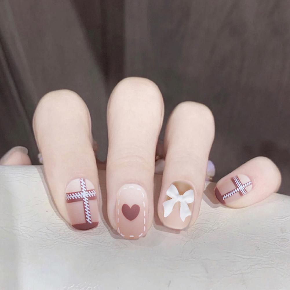 False Nail Cute Heart & Bow Short Stick On Nails Full Cover