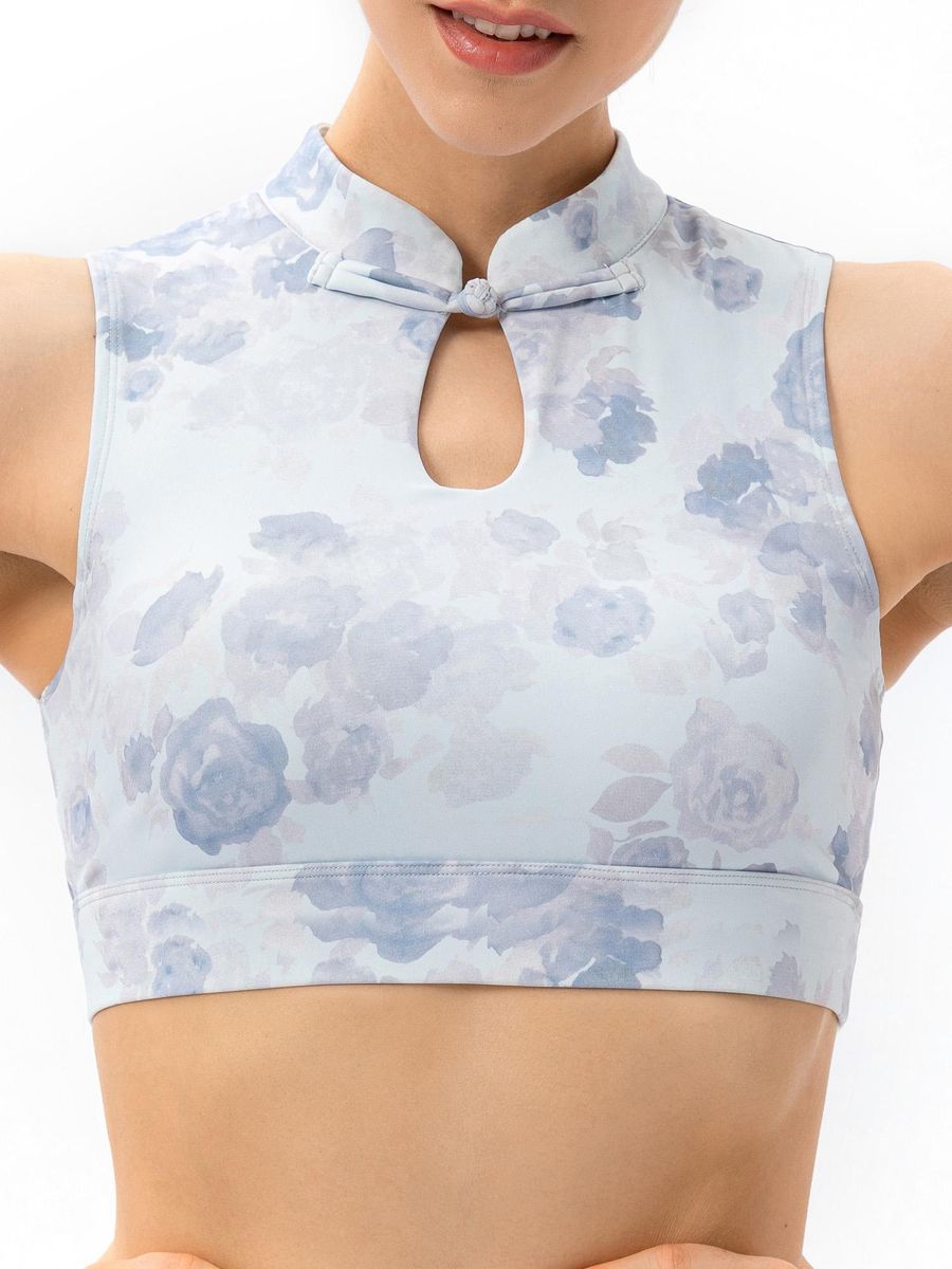 Women Yoga Bra Vintage Stand Collar Button Printed Wirefree Bras Workout Jogging Casual Vest