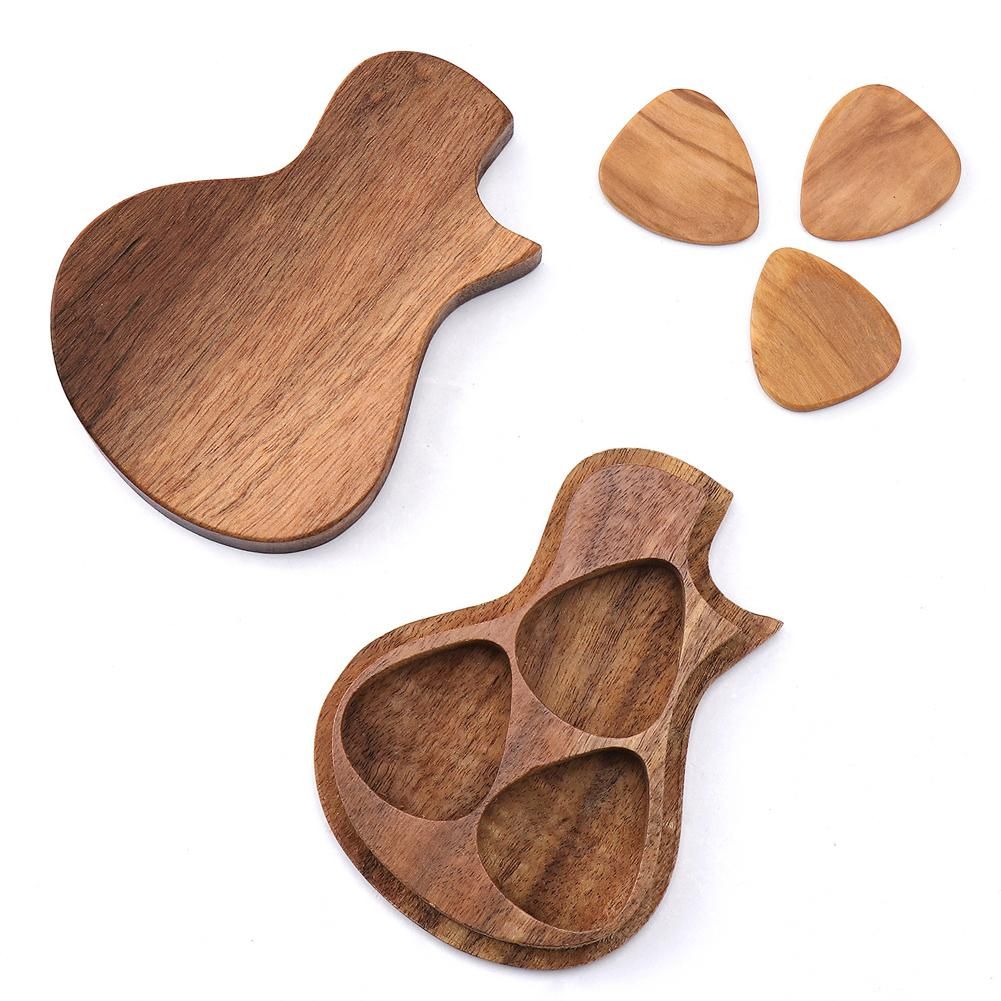 Delicate Wooden Guitar Pick Box Novel Guitar-shape Plectrum Storage Holder Box with Wood Guitar Accessories 2 Optionals