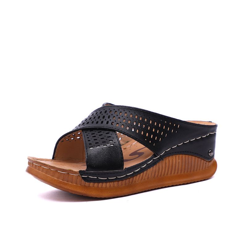 Hollow Non-slip Roman Soft-soled Wedges - Black