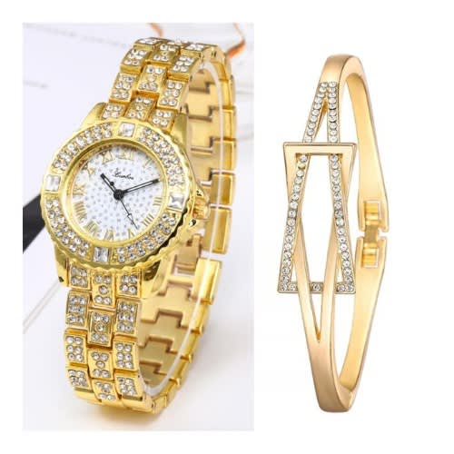 Classic Rhinestone Women Wrist Watch With Bracelet - Gold
