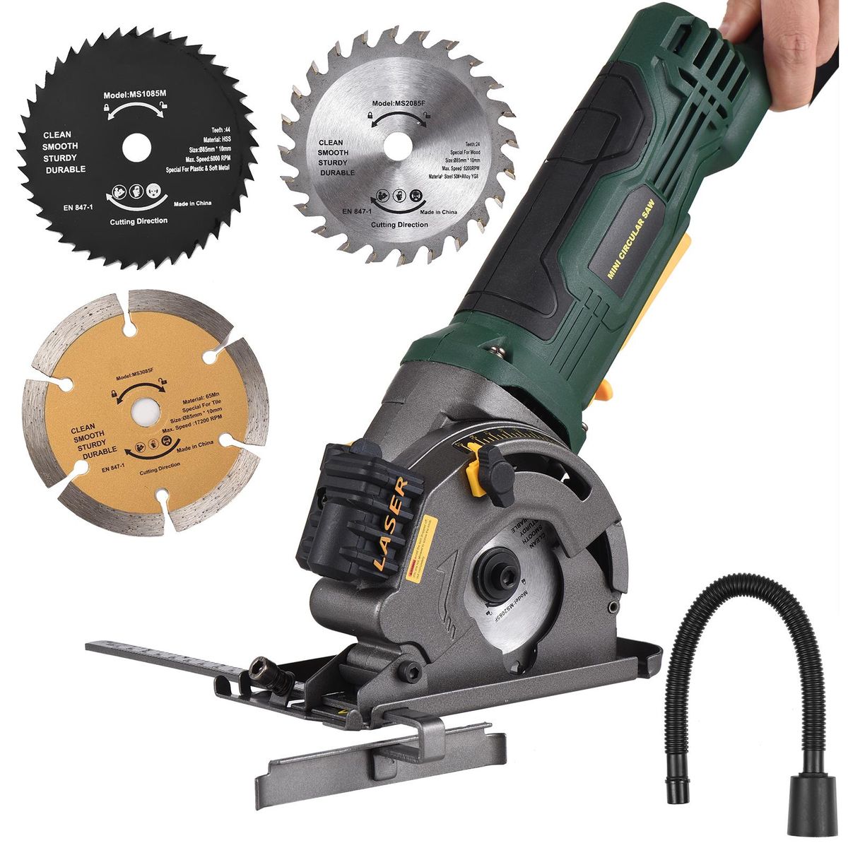 480W 3700RPM Mini Circular Saw Corded 4 Amp Electric Compact Circular Saw with Laser Guide Scale Ruler Vacuum Port 3 Blades for Cutting Wood Tile Plastic Soft Metal