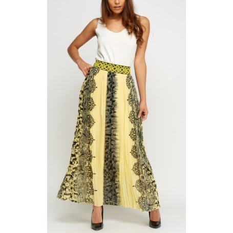 Pleated Print Maxi Skirt - Yellow Multicolour