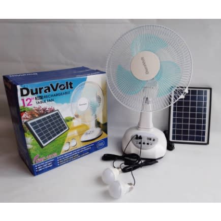 12" Rechargeable Table Fan With Solar Panel And 2 Led Bulbs