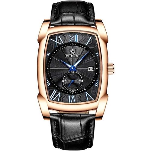 Quartz Waterproof Leather Wrist Watch - Black/gold