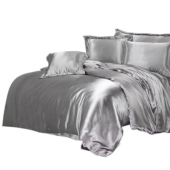 Solid Color Satin Silk Bedding Duvet Cover Set ,Queen Size Bed  Gray