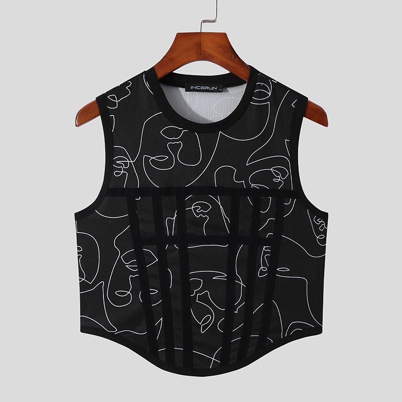 Men Tank Tops Printed Patchwork O-neck Sleeveless  Vests Men  Fitness Streetwear Party Nightclub Crop Tops S-5XL INCERUN-Black