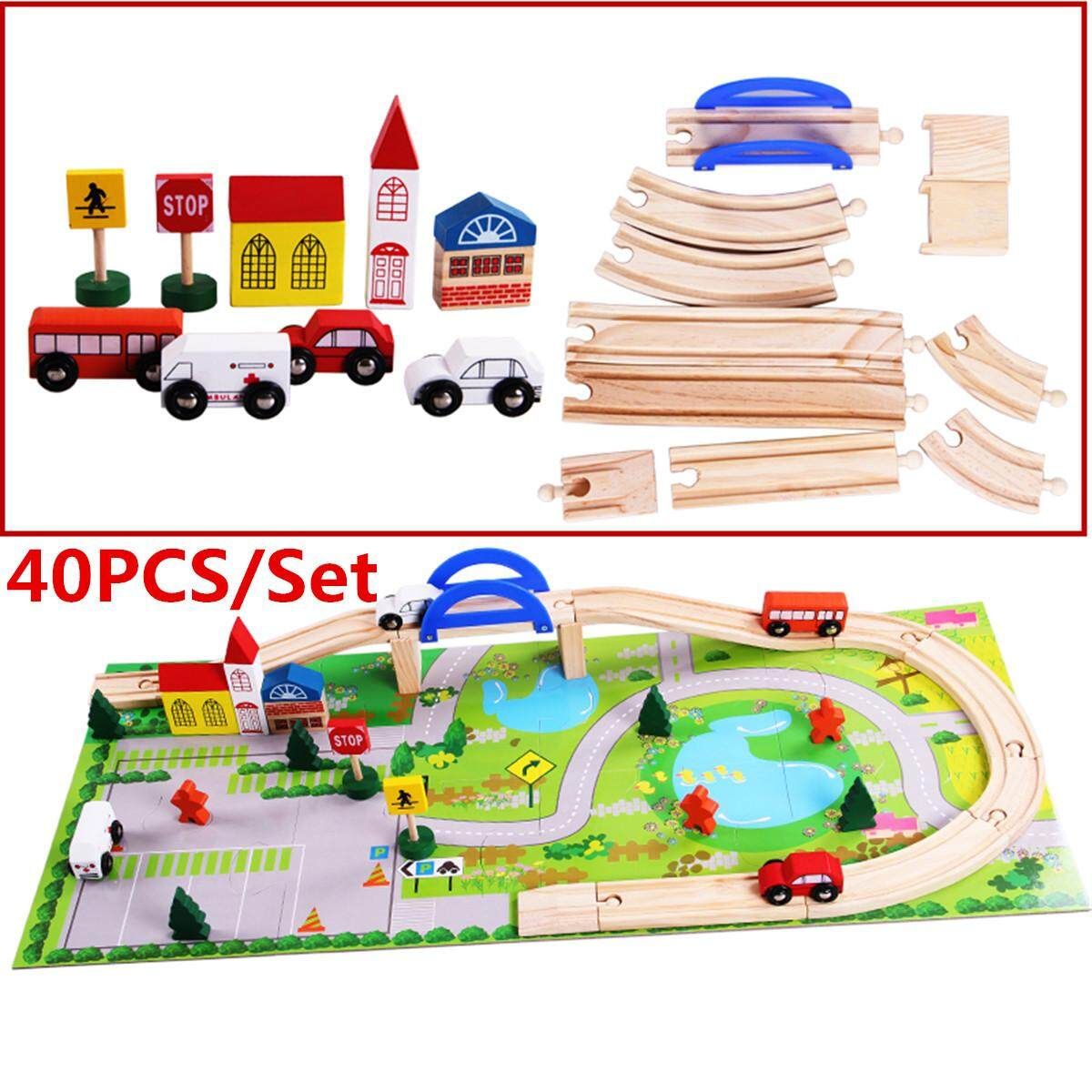 40PCS/Set Urban Rail Toy Overpass Traffic Scene Wooden Train Railway Kids Toys