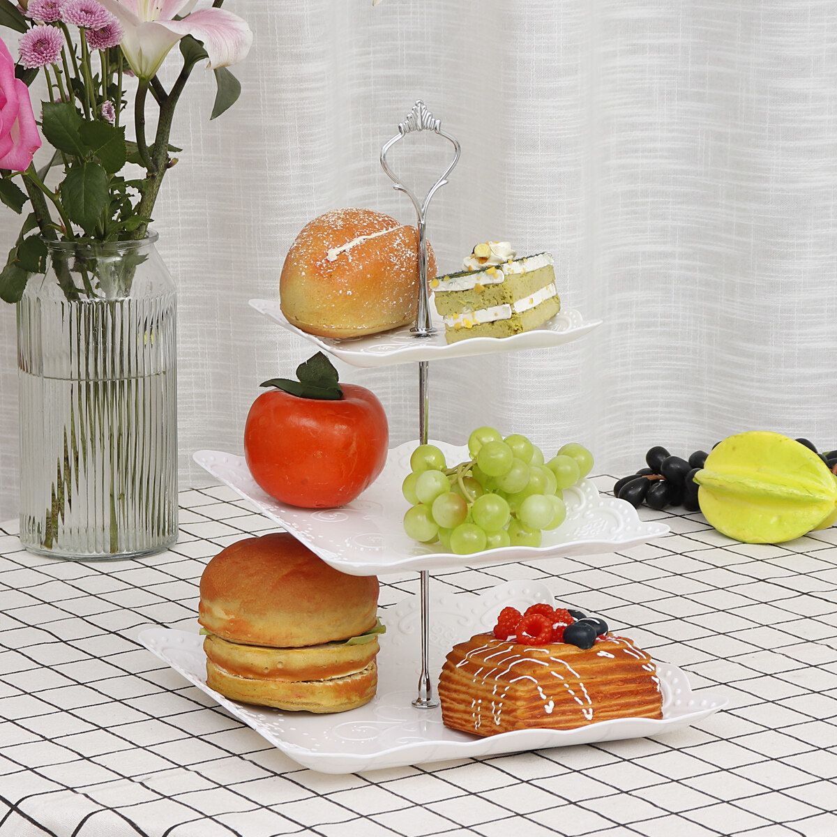 3-Tier Cake Stand Desserts Tray Candy Snack Buffet Cookies Fruit Plate Food Display Stand For Wedding Home Birthday Tea Party White TYPE B