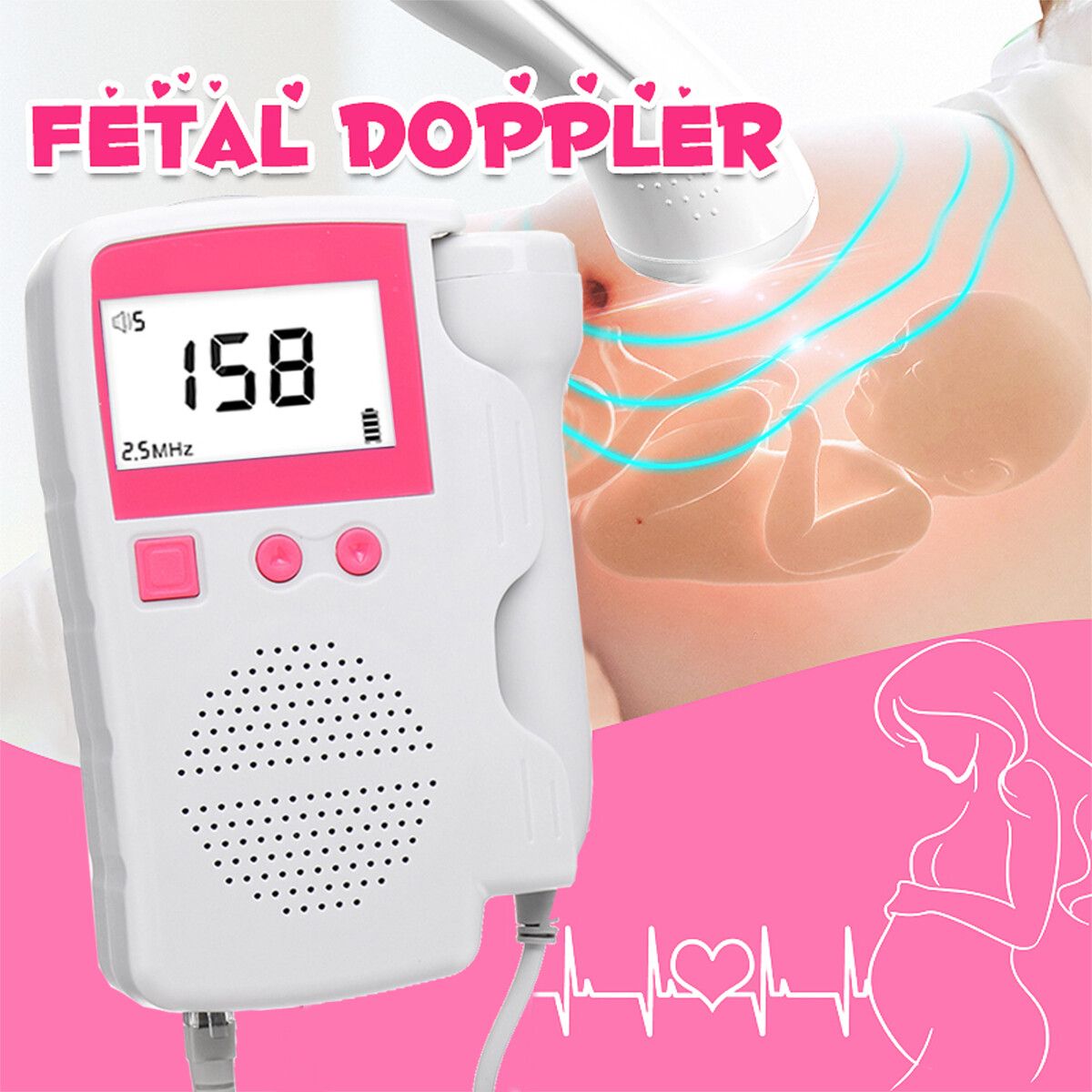 Heart Rate Pocket Fetal Doppler Ultrasound Baby Prenatal Scan Probe Heartbeat Sound Detector Accuracy &plusmn;2BPM
