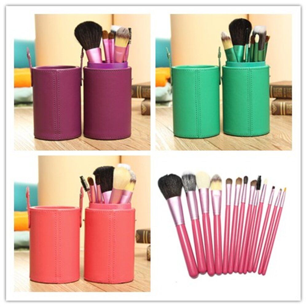 13x Makeup Brush&Leather Cup Case Holder Set Cosmetic Brush Tool Pink