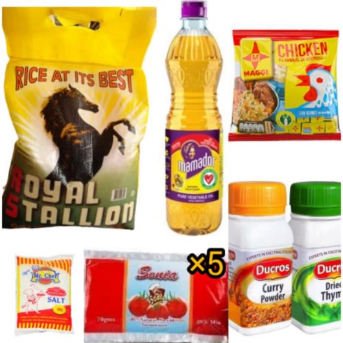 Rice 5kg Mamador Cooking Oil, Sonia Tomato Puree, Maggi Chicken Cubes Curry Thyme Salt