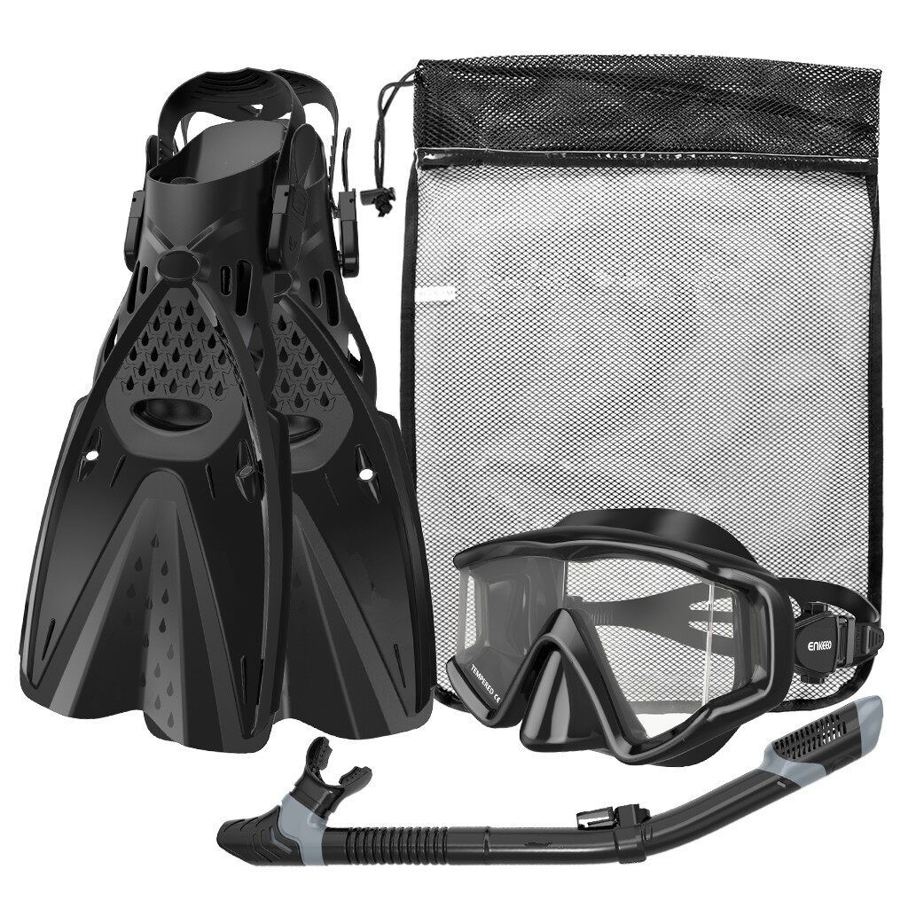 HHAOSPORT 3PCS/Set Snorkel Cover Swimming Glasses + Underwater Breathing Tube + Diving Fins Diving Black ML XL