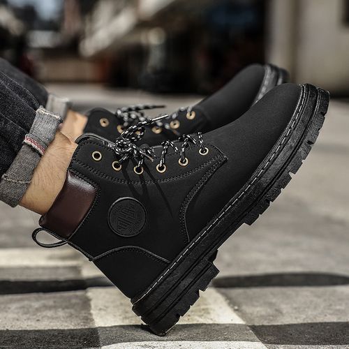 Motorcycle Boots Men High-top Shoes Fashion Trend All-match Leather Martin Boots For Man Outdoor Casual Work Shoes Lace-Up Male Winter Ankle Boots Black