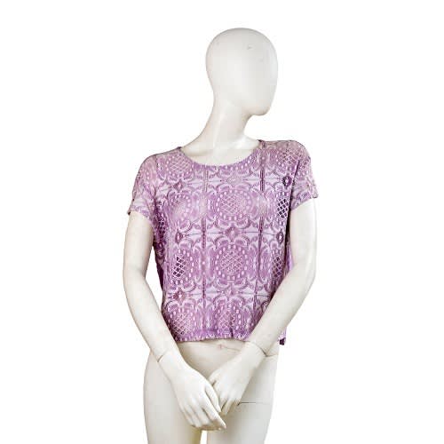 Women Lace Overlay Mix Short Sleeve Top - Purple