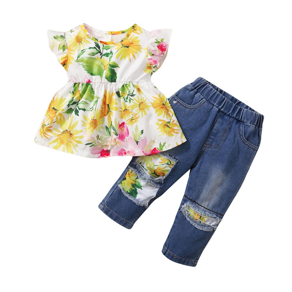 0-5 Years Kid Girl 2PCS Suit Set/Fly Sleeve Floral Sleeveless Tops+Ripped Jeans