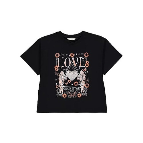 Winged Heart Love Slogan T-shirt-Black