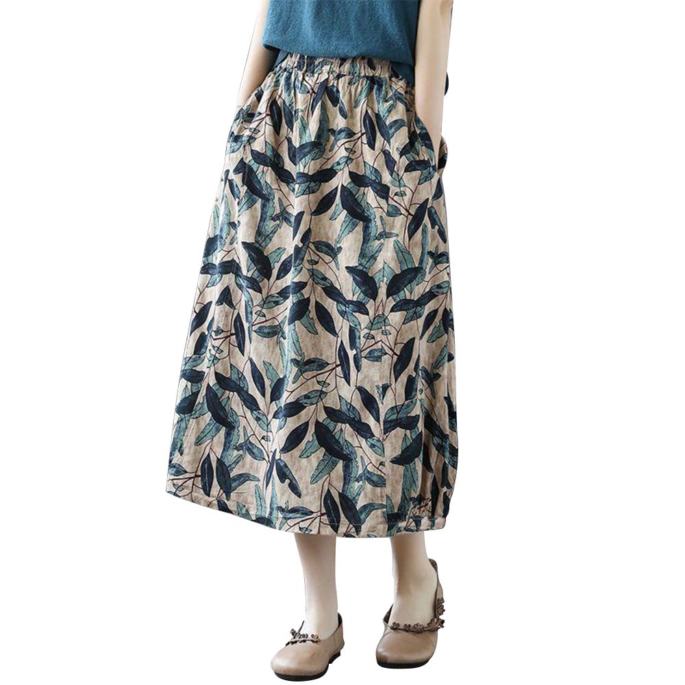 Women Boho Vintage Print Long Skirt With Side Pockets Casual