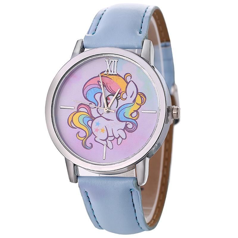 Student Watch Unicorn Pattern Quartz Watch, Cute Cartoon Girls Watch Blue Leather Strap