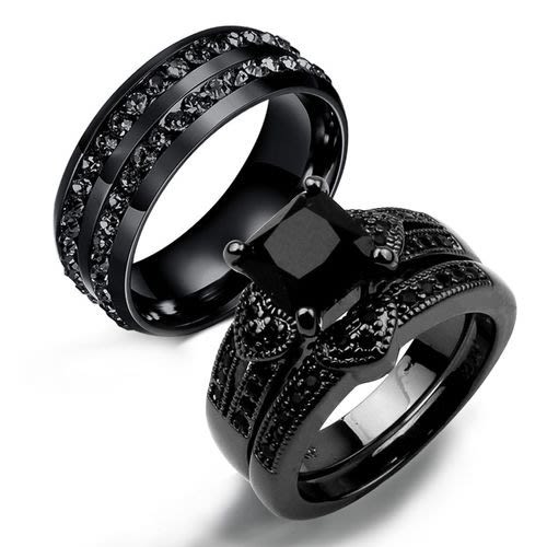 Wedding Ring Set For Couple - Diamond  - Black