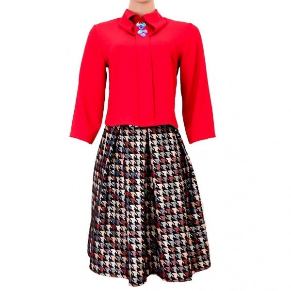 3/4 Sleeves Blouse And Multicolour Skirt - Red