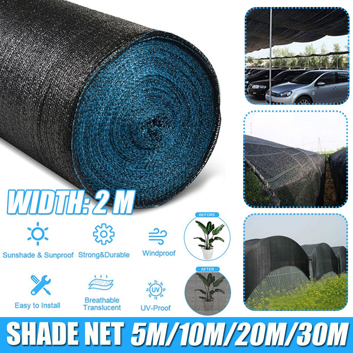 Sunblock Shade Net Cloth UV Resistant Fabric Greenhouse Plant Cover Car Cover Sunshade Net Awning 2X30M