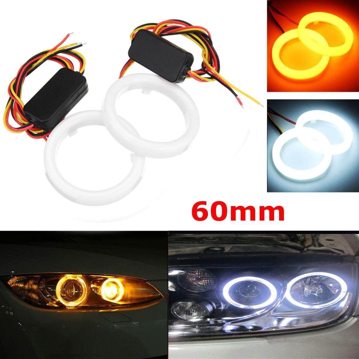 60/70/80/90/100/110mm COB Angel Eye Ring LED Light Driving Turn Signal White & Yellow 60mm