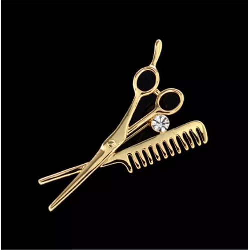 Rhinestone Unisex Scissors And Comb Brooch - Gold