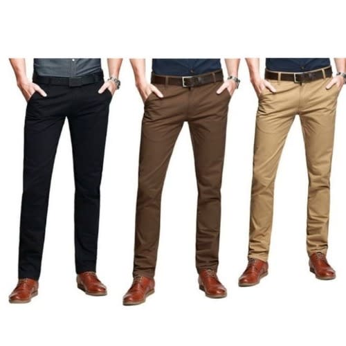 3 In 1 Men's Chinos Trousers - Black + Chocolate Brown + Brown