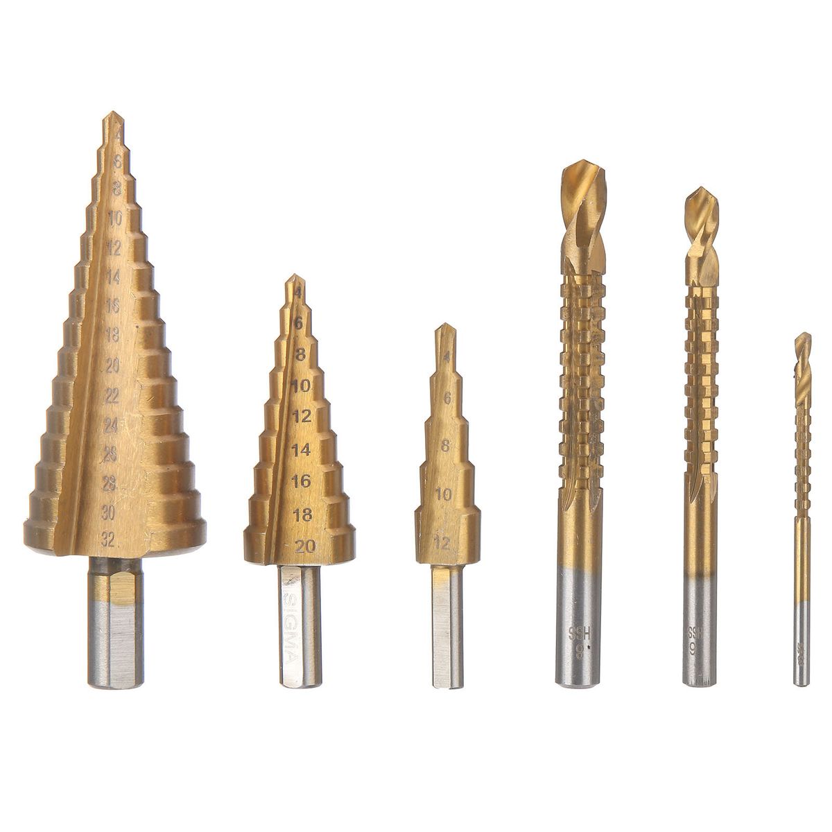 6PCs HSS Step Drill Bit Sets Straight Titanium Coated Cone